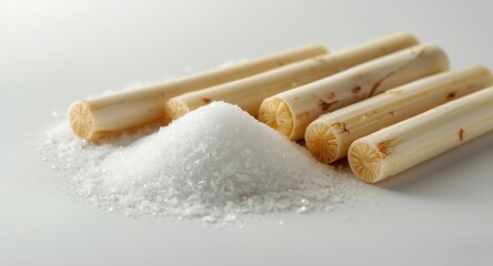 Pile of white sugar crystals alongside fresh sugarcane segments on plain white background