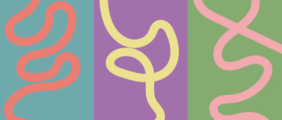 Obraz premium Abstract wavy line pattern with three distinct color sections. Features red lines on teal, yellow lines on purple, and pink lines on green backgrounds. Created in a flat