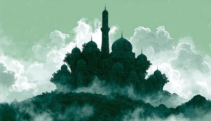 Mystical floating mosque on a misty mountain Islamic
