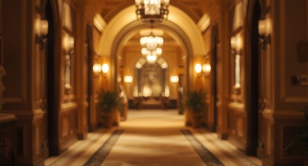 Fototapeta premium Luxury hotel corridor interior softly glowing with warm light and a gentle blurred bokeh effect