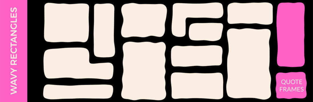 White wavy rectangle organic shapes set. Geometric frame with irregular borders. Square block for text. Curvy abstract wave hand drawn flat background figures illustration set isolated on black bg.