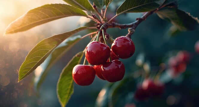 Close up image of vibrant cherries growing on tree branch