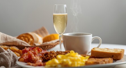 Focused image capturing a champagne flute alongside coffee and traditional breakfast foods