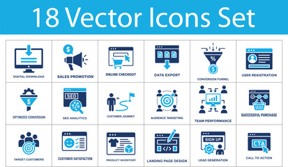 Obraz premium Sales conversion and customer acquisition solid icons set. Collection of digital download, online checkout, conversion funnel, user registration, lead generation and call to action icons.