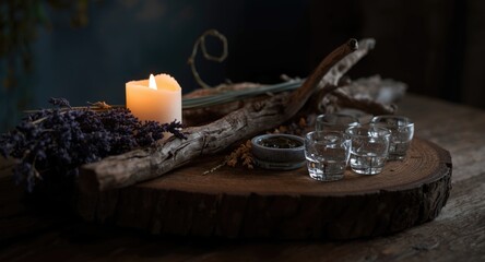 Decorative rustic wood setting featuring glowing candle, lavender, driftwood, and small glass containers