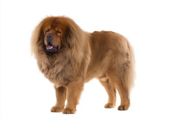 Majestic Tibetan Mastiff standing proudly in a bright, minimalist studio setting showcasing its thick fur and powerful presence