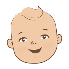 Fototapeta premium Cute smiling baby face cartoon illustration. Happy infant head icon with rosy cheeks and expressive eyes isolated on white background. Vector character design for children products and logo.