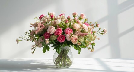 White backdrop with a vibrant spring flower arrangement including pink roses, carnations, and wild blooms in a clear vase