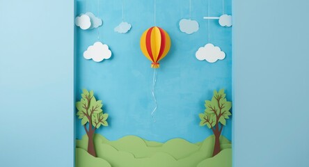 Paper art sky background with balloon and tree elements in cutout style