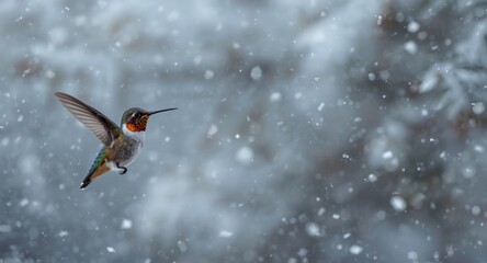 Fototapeta premium Uncommon winter sighting of a hummingbird during a snowstorm event