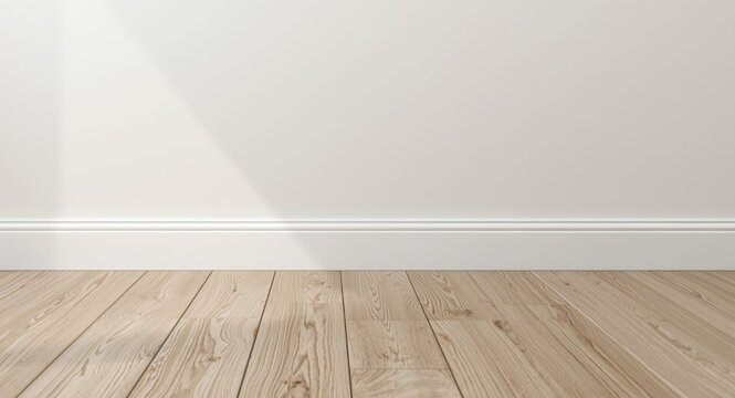 soft matte light wall paired with white baseboard and tile floor mimicking hardwood planks