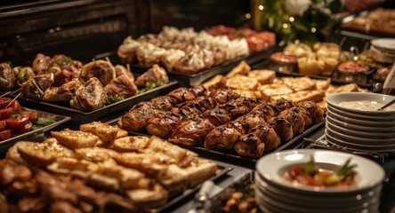 Varied holiday buffet menu including canapes, sandwiches, and snack assortments