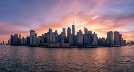 Obraz premium Panoramic city skyline at sunset with countless skyscrapers by a river