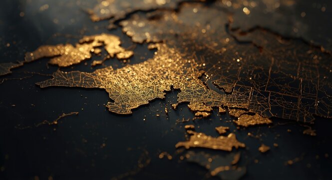 luxury gold map imagery placed on a dark gentle shadow backdrop
