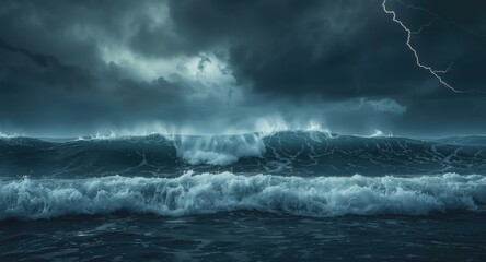 Fototapeta premium Wild ocean waves beneath a stormy dark sky digital art background