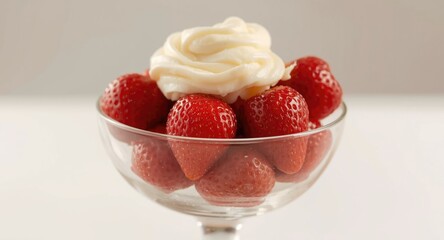 Bowl containing fresh strawberries and smooth creamy topping