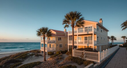 Obraz premium Three story coastal houses with balcony views and palms beside sandy beach walkway