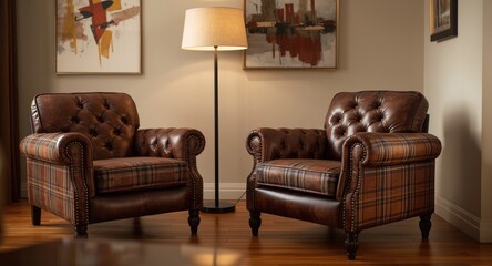 Plaid-adorned leather recliners positioned next to a floor lamp in a stylish living room