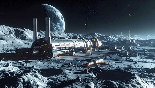 Futuristic Space Station on Lunar Surface.