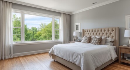 roomy bedroom interior containing king-size bed and wide window framing scenery