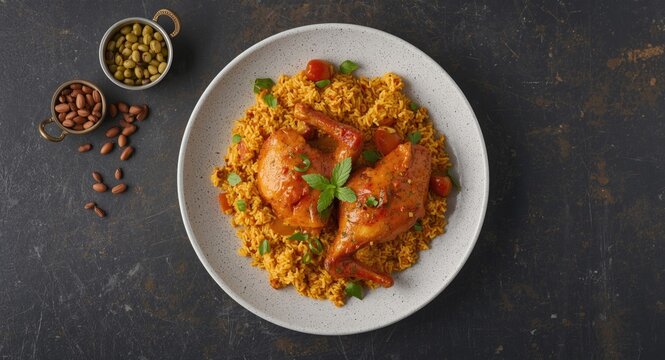Birds eye image of chicken mandi served over spiced rice kabsa