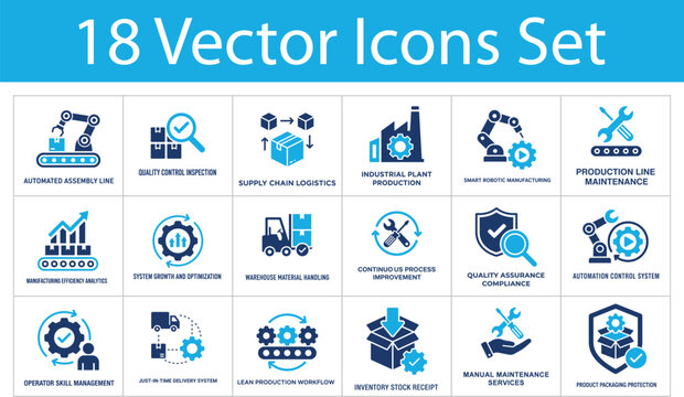 Industrial manufacturing solid icons set. Assembly line, smart robotic, quality control, production plant, lean workflow. Factory automation solid icons collection