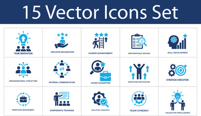 Fototapeta premium Human resources solid icons set. Employee recognition, talent acquisition, career advancement, team synergy, corporate training. Workforce management solid icons collection