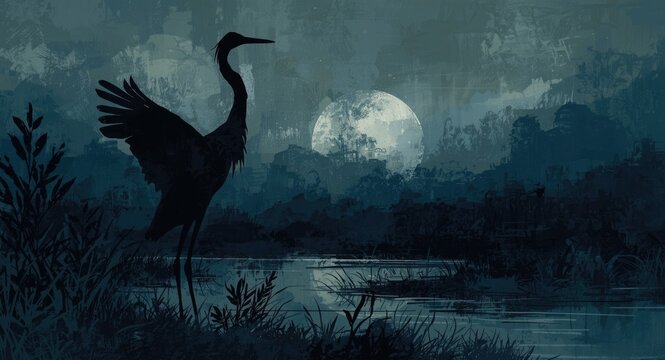 Modern abstract landscape drawing of a swamp crane in wing spread silhouette at night