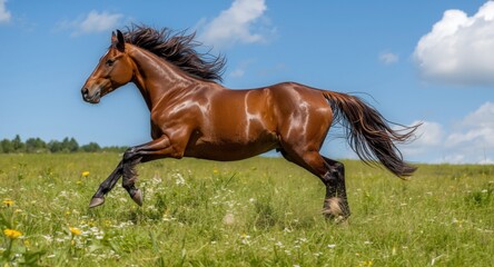 Obraz premium A spirited brown horse full length leaping across a lively green grass meadow on a sunny summer day