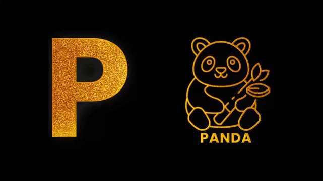 Alphabet P text design with panda golden glitters shine light animation video