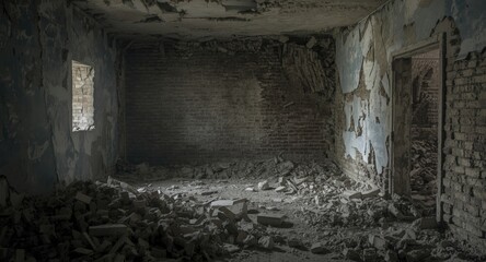 Crumbling room interior with damaged walls and fallen ceiling debris on ground