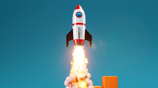 A white rocket with red accents and blue window launches upward, flames trailing, held by a protectiveizing secure innovation blue shield, symbol, progress, and technology, launch, flames.