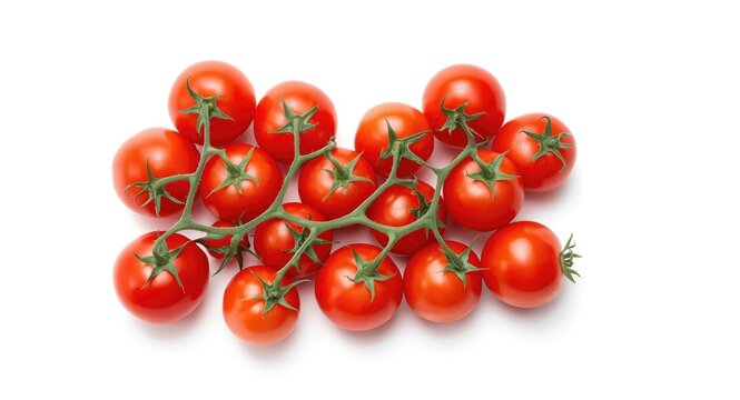 Red tomatoes in vivid cluster on pure white background symbolizing fresh vegetarian harvest