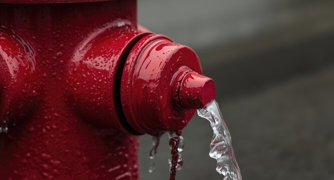 Intense close up showing dripping water from an open red fire hydrant