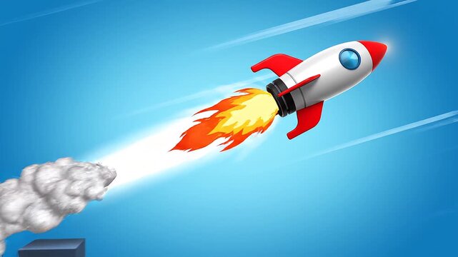 A cartoon rocket25‑Word Prompt:* with red fins and blue window launches into a gradient sky, flames and smoke trailing, symbolizing exploration, innovation, speed, and progress.*