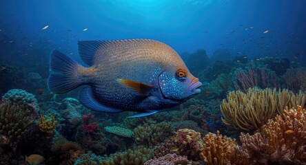 Fototapeta premium Majestic Myliobatidae fish in colorful coral reef ecosystem