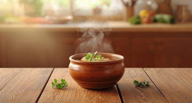 Refreshing chicken broth enriched with herbal flavors