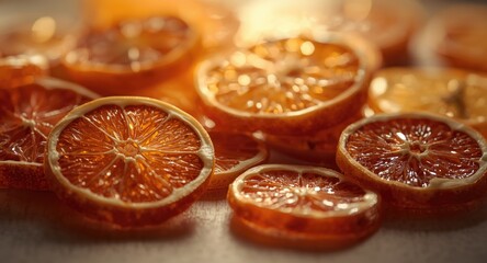 Macro photograph of dried citrus rounds used as decorative pieces plus copy space
