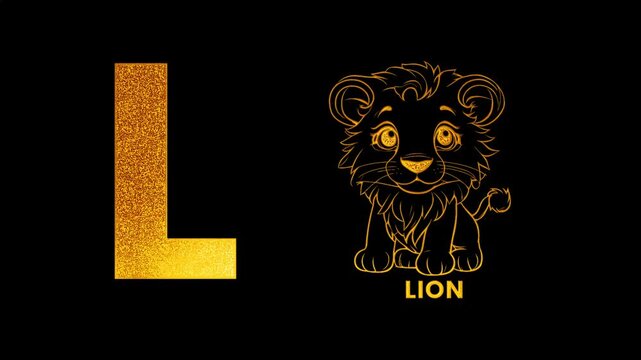 L alphabet text design with lion golden glitters light animation video