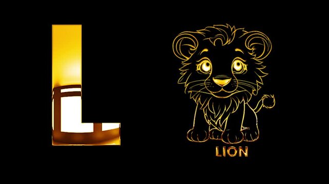 L alphabet text design with lion golden shine light animation video