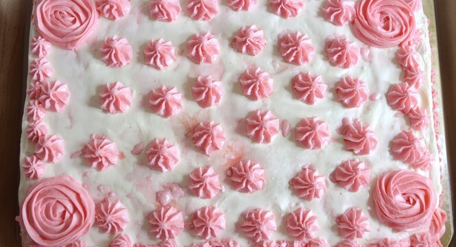 Sheet cake featuring smooth white icing and decorated with dazzling pink buttercream
