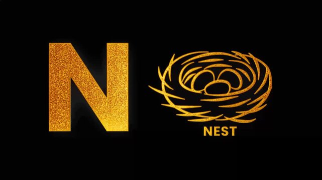 N alphabet text design with nest golden glitters light animation video