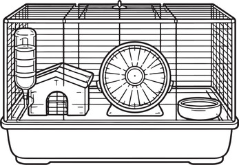 Hamster Cage With Exercise Wheel Black and White Line Art Illustration