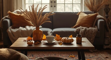 Fototapeta premium Tranquil fall coffee table setup for cozy cold season home environment