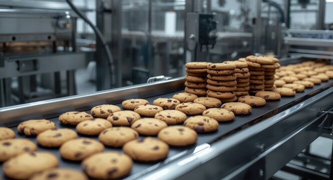 Production line worker examines cookies for defects in food factory