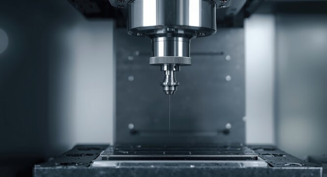 Metalworking CNC milling spindle brightly lit in foreground with reserved text area