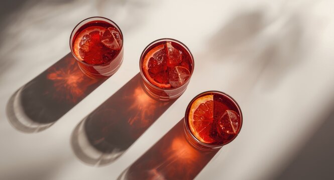 Top view of Negroni cocktails with blood orange accents and shadow patterns on a crisp white background for copy space