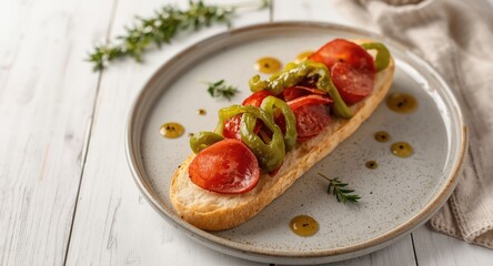 Tapas plate including chorizo and roasted green pepper on fresh baguette