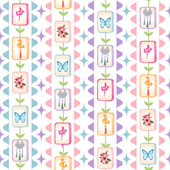 Seamless Mahjong Tiles Pattern with Flowers and Chinese Lanterns in Chinoiserie Style.