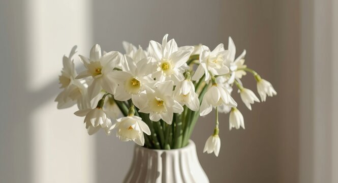 Arrangement of white paperwhite narcissus bulbs forced indoors to bloom in winter